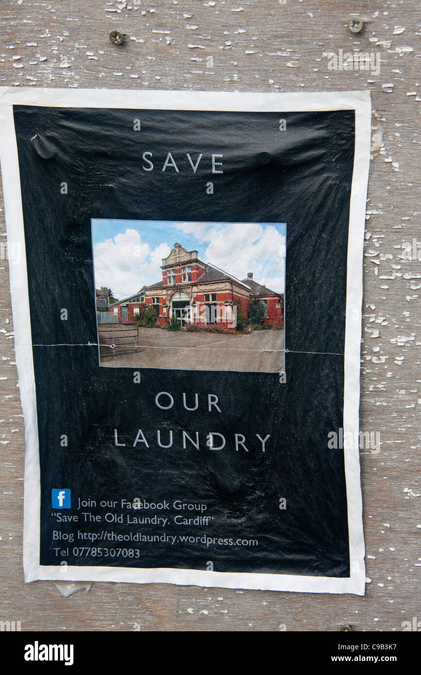 Poster campaigning to save The Old Laundry a well known local landmark building in Roath Cardiff Wales UK Stock Photo