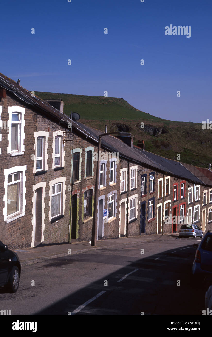 Steep row of typical Valleys terraced houses Tylorstown Rhondda Fach valley Rhondda Cynon Taff South Wales UK Stock Photo