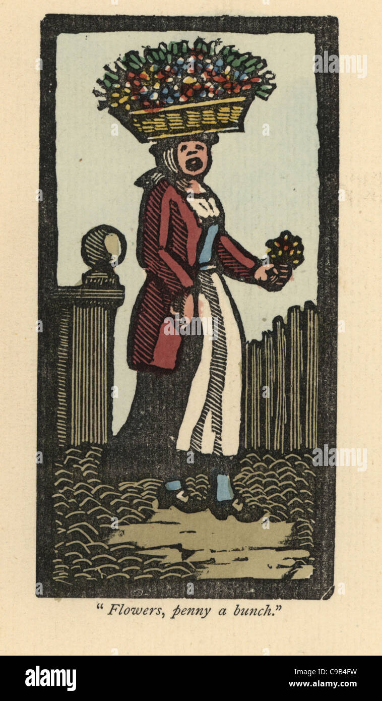 Flower seller with basket of flowers on her head, from a 18th century chapbook. Stock Photo