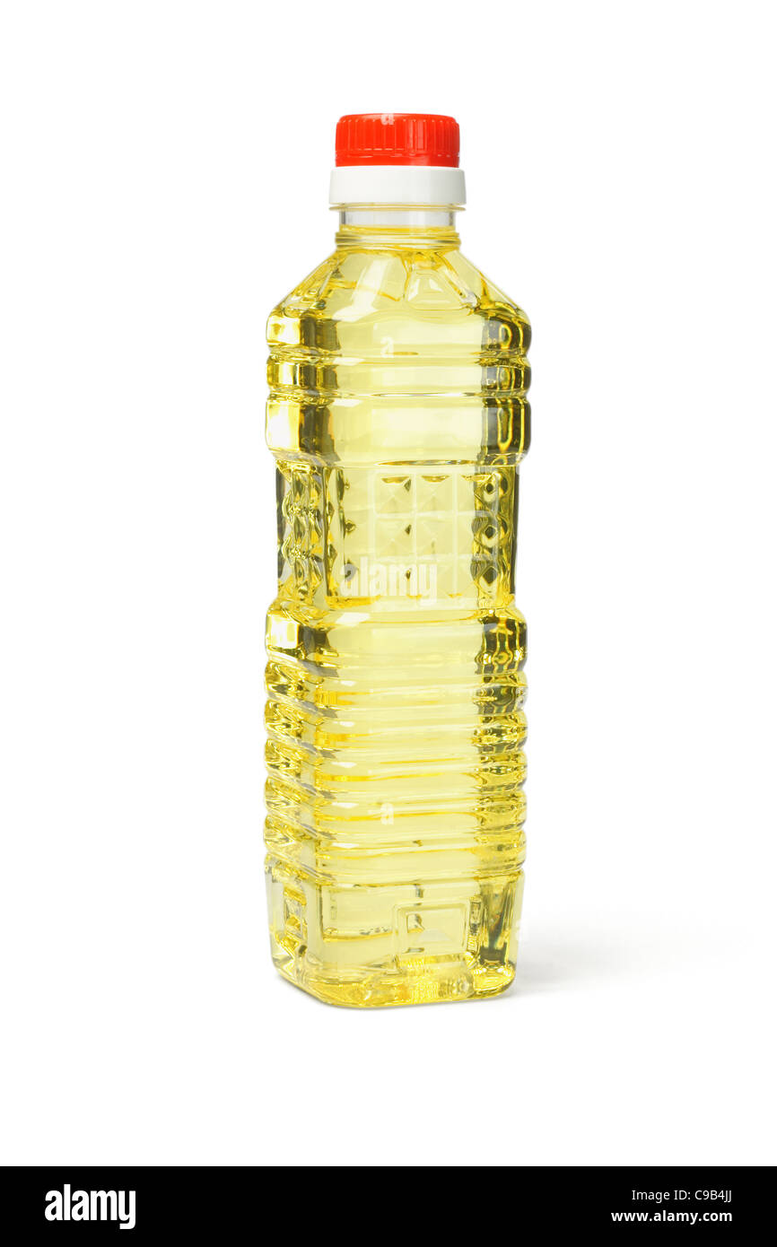 Plastic bottle of vegetable cooking oil on white background Stock Photo