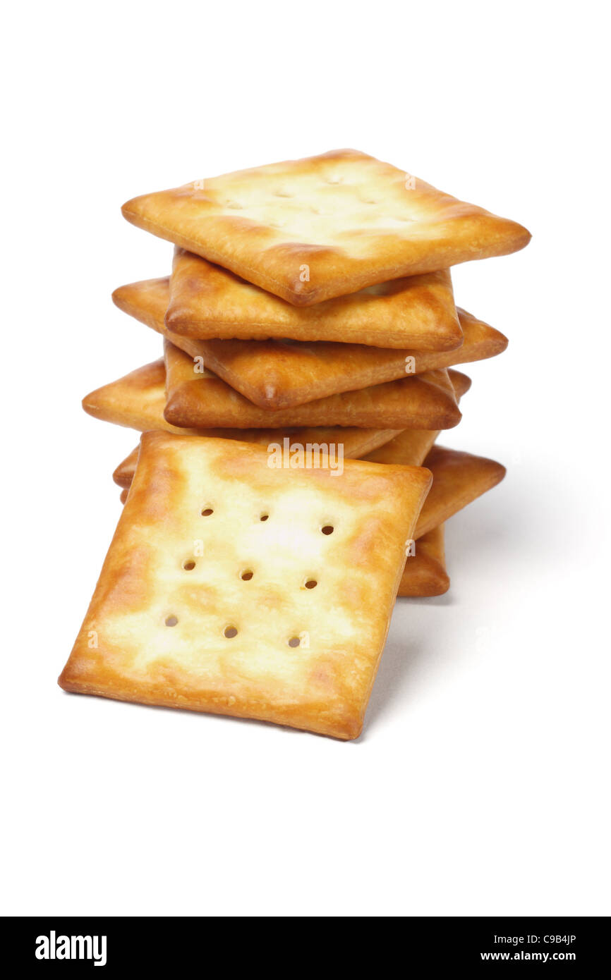 Stack of square shape crackers on white background Stock Photo