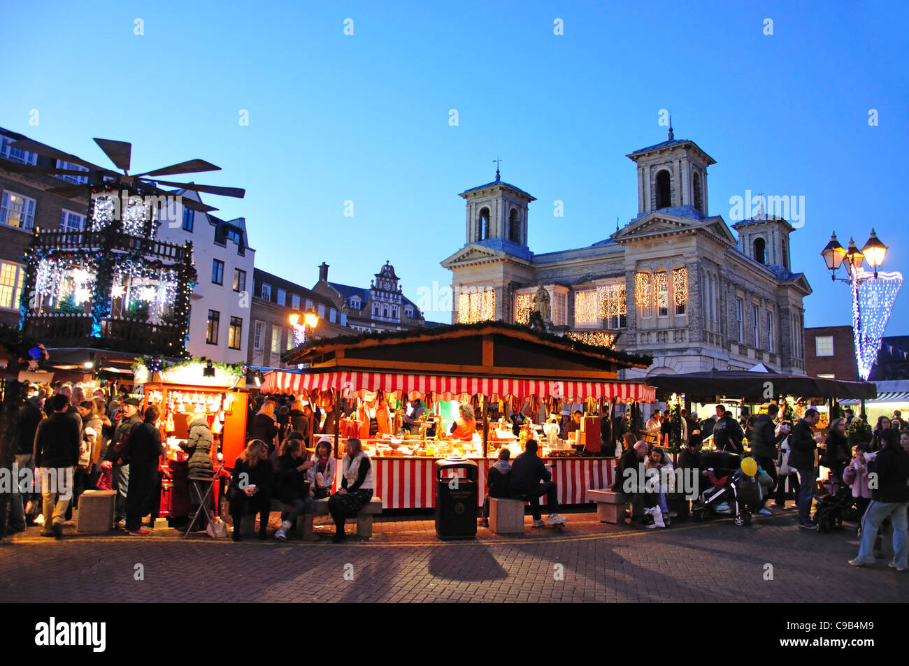 German Christmas Market at dusk, Market Square, Kingston upon Thames, Royal Borough of Kingston upon Thames, Greater London, England, United Kingdom Stock Photo