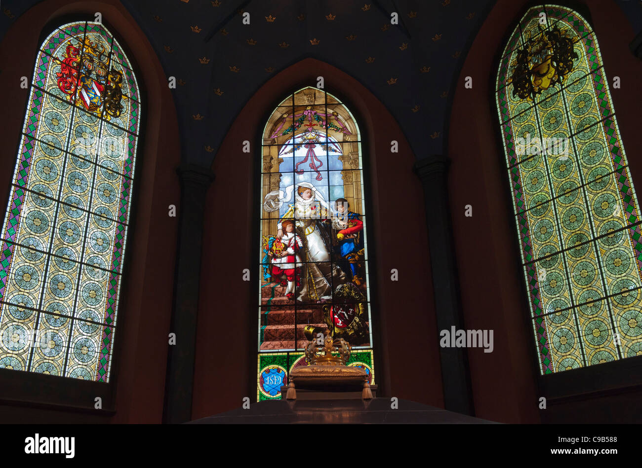 The sarcophagus and stained glass window of Karin Månsdotter, Queen of Sweden, in Kankas Chapel, Turku Cathedral interior. Finland Stock Photo