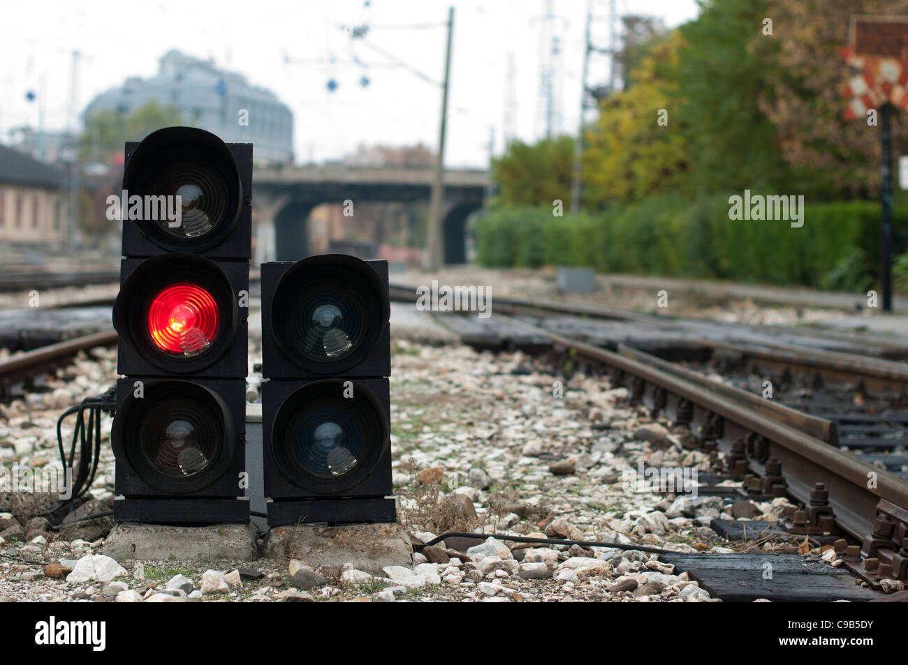 Traffic light shows red signal on railway. Red light Stock Photo Alamy
