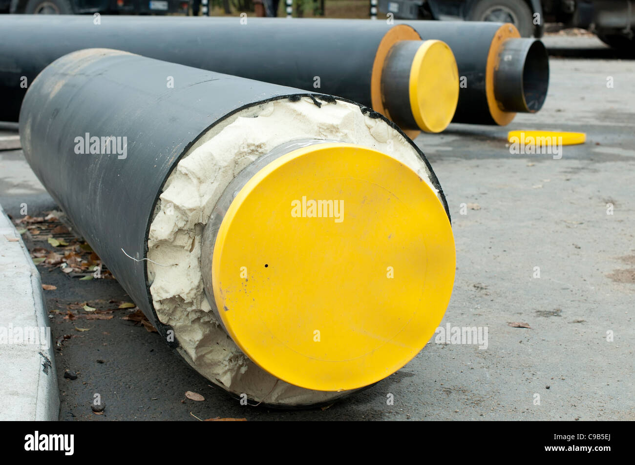 Pipes for hot water and steam heating. City heat pipeline Stock Photo