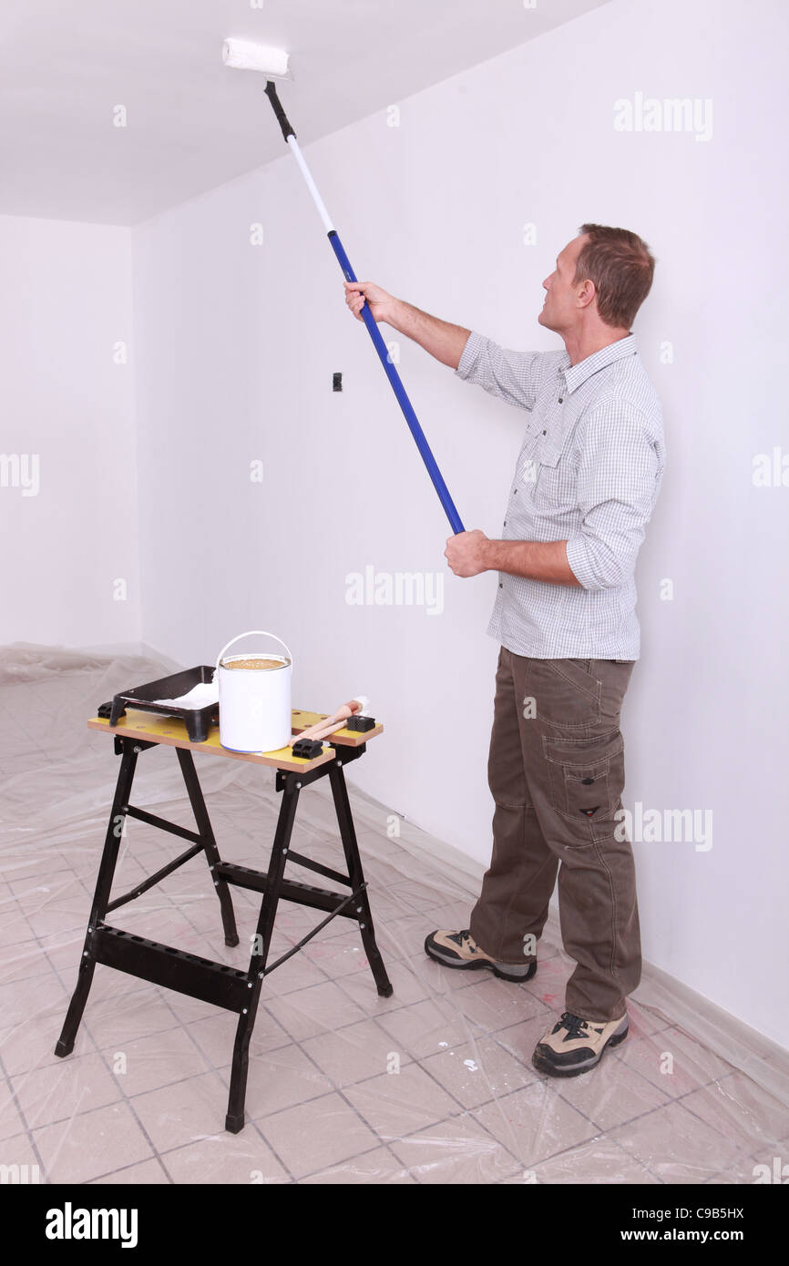 Man Painting Ceiling With Roller Stock Photo 40198534 Alamy