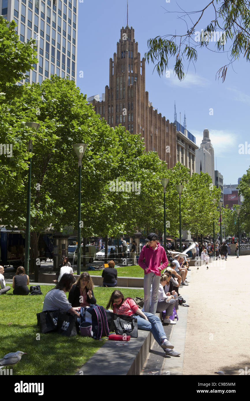 Melbourne Australia city center Australian people enjoying the sunny weather in the street Victoria. Stock Photo