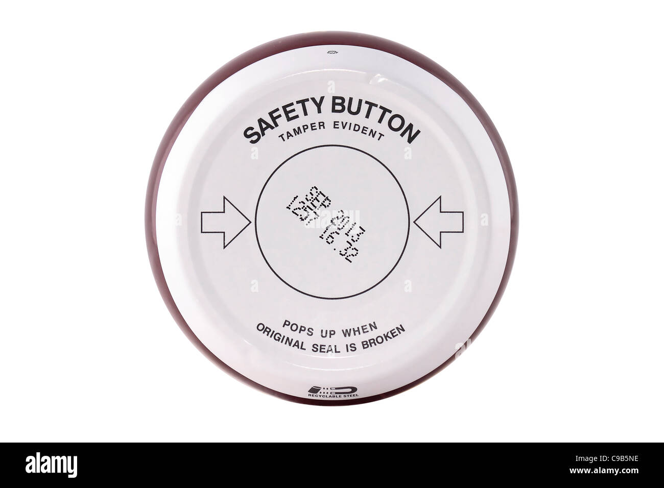 Jam jar lid viewed from above showing sell by / use by date and vacuum seal safety button Stock Photo