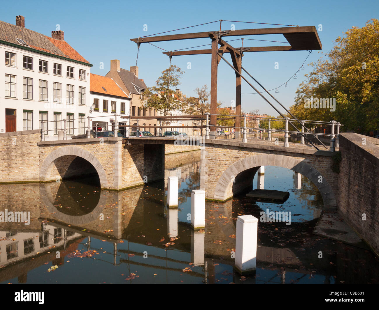 Duinenbrug swing bridge over the Langerei canal in northeast Bruges, Belgium. Stock Photo