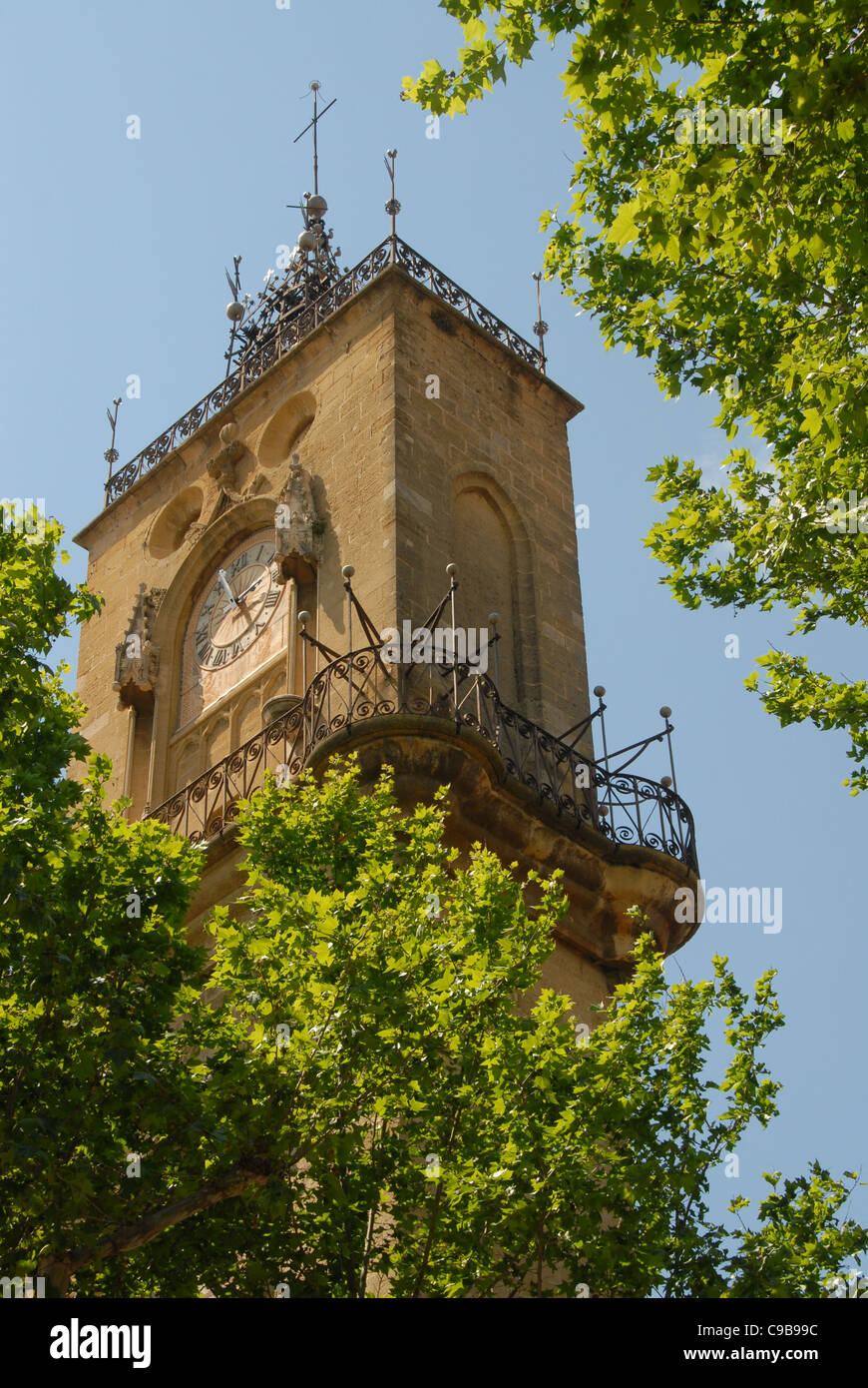 The clock tower Tour de l'Horloge at the Place de l'Hôtel de Ville at Aix-en-Provence in Provence, France Stock Photo