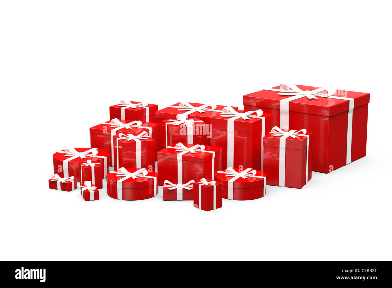 Red gift boxes with white ribbon on white background Stock Photo - Alamy