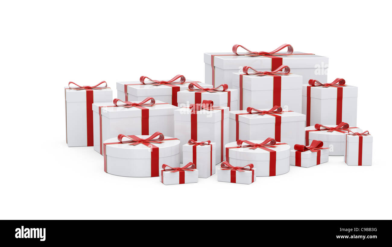 White gift boxes with red ribbon on white background Stock Photo - Alamy