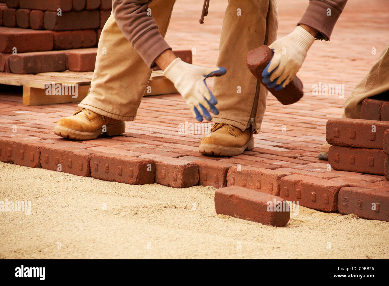 Construction worker lays paving bricks during Marion Street reconstruction project Stock Photo