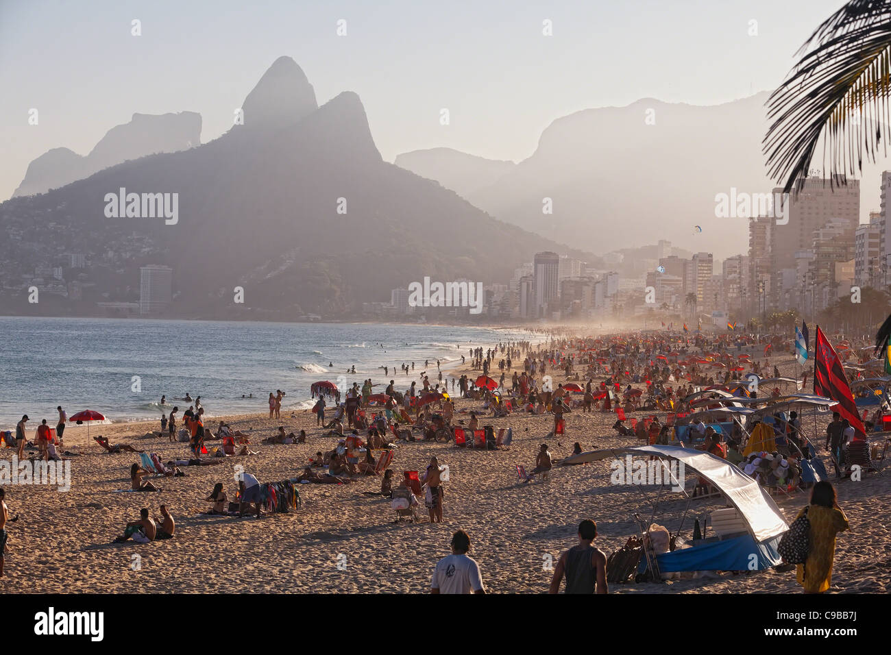 High Angle View of Ipanema Beach Crowded with People, Rio de Janeiro, Brazil Stock Photo