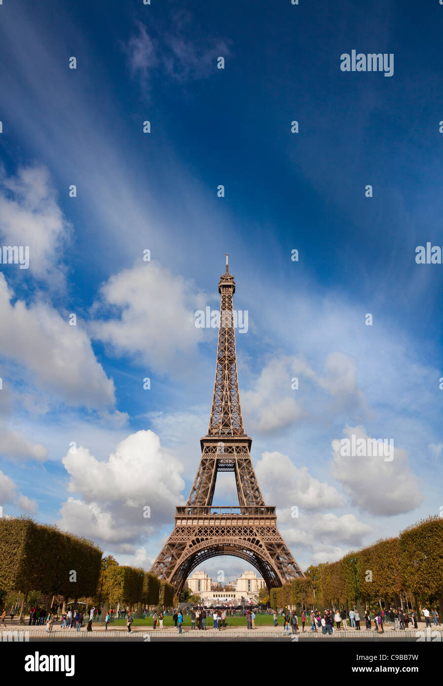 The Eiffel tower, viewed from the South, Paris, France. Bright sunny day blue sky. Stock Photo