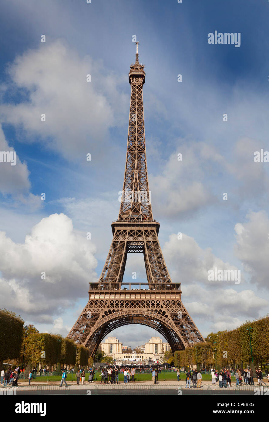 The Eiffel tower, viewed from the South, Paris, France. Bright sunny day blue sky. Stock Photo