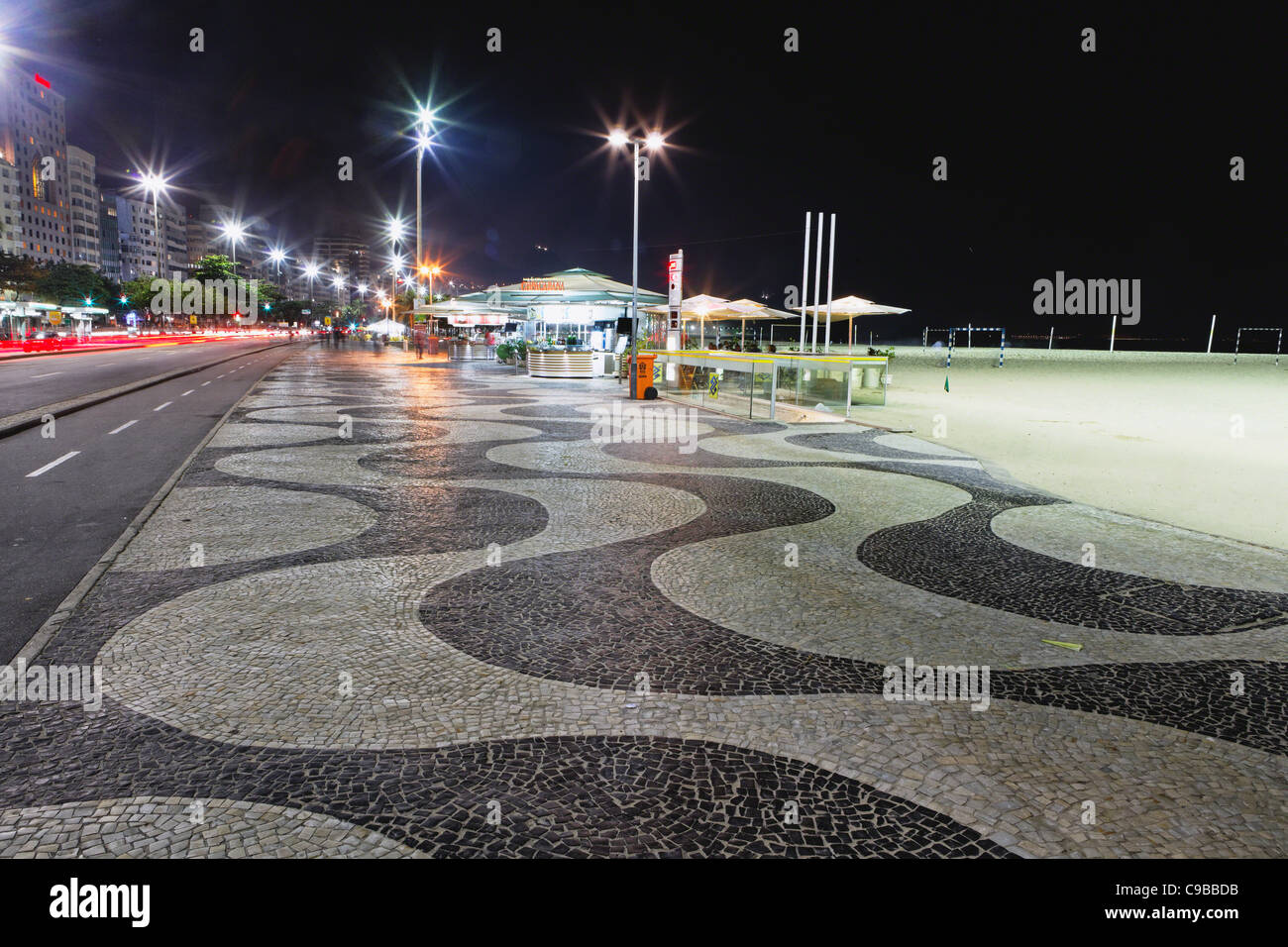 Night View of Copacabana with Kiosks, Rio de Janeiro, Brazil Stock Photo