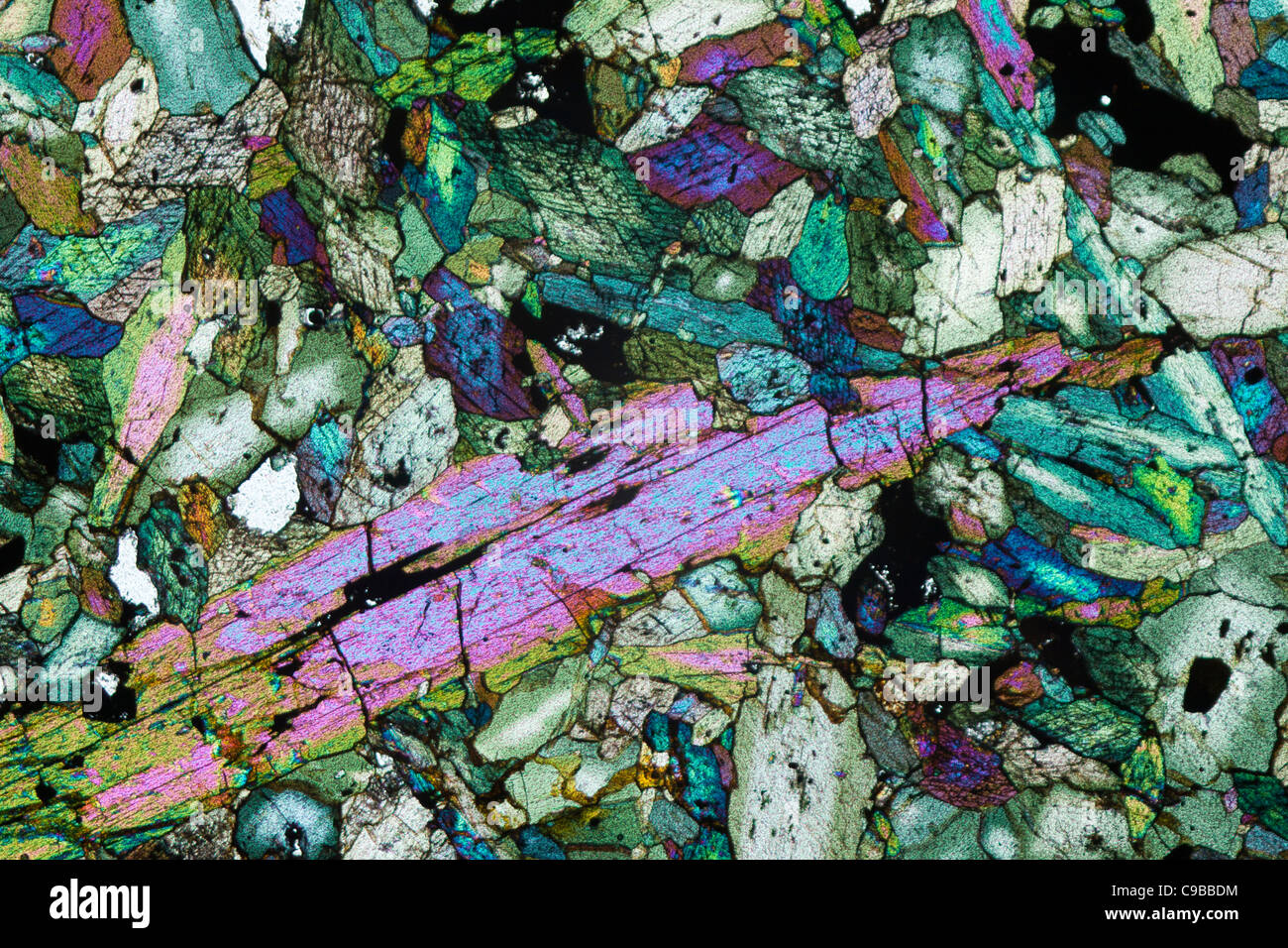 Hornblende mineral cross polarized photomicrograph showing diversity of elements Stock Photo