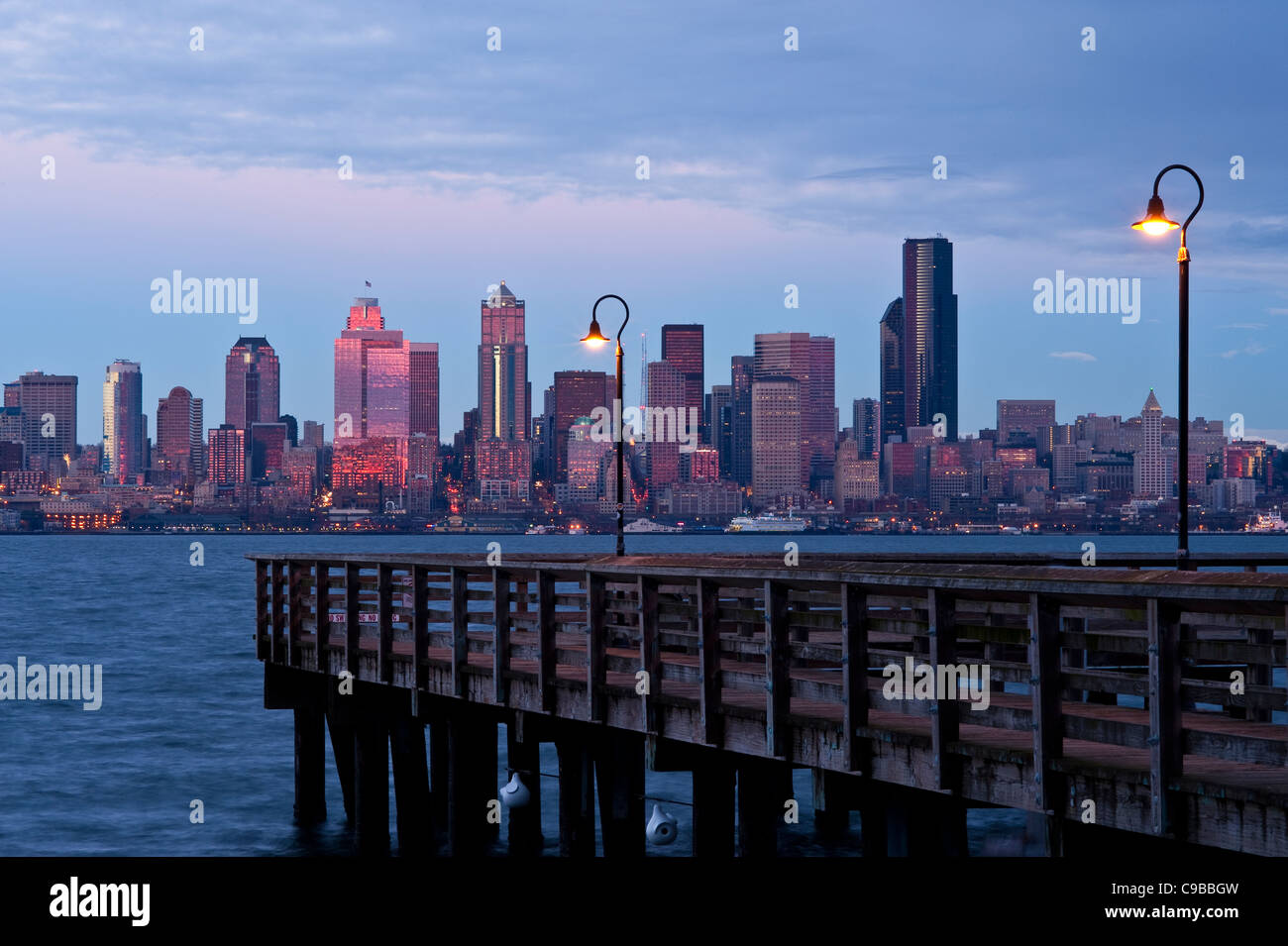 Sunset Seattle Skyline with Fishing Pier on Elliott Bay