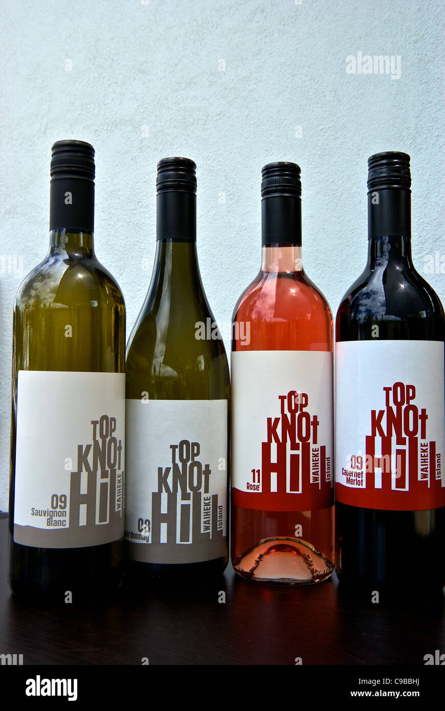 Four bottles of Top Knot Hill wine from Wild on Waiheke winery brewery restaurant Stock Photo