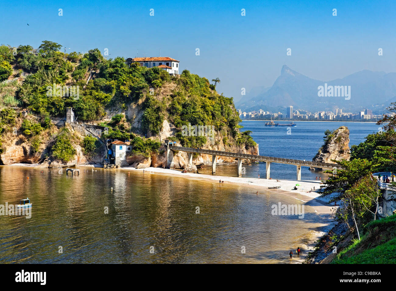 Beach View with Rio De Janeiro Skyline, Niteroi, Brazil Stock Photo