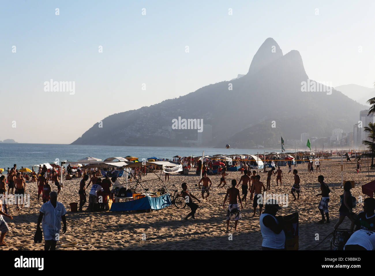 Soccer Play on Ipanema Beach, Rio de Janeiro, Brazil Stock Photo