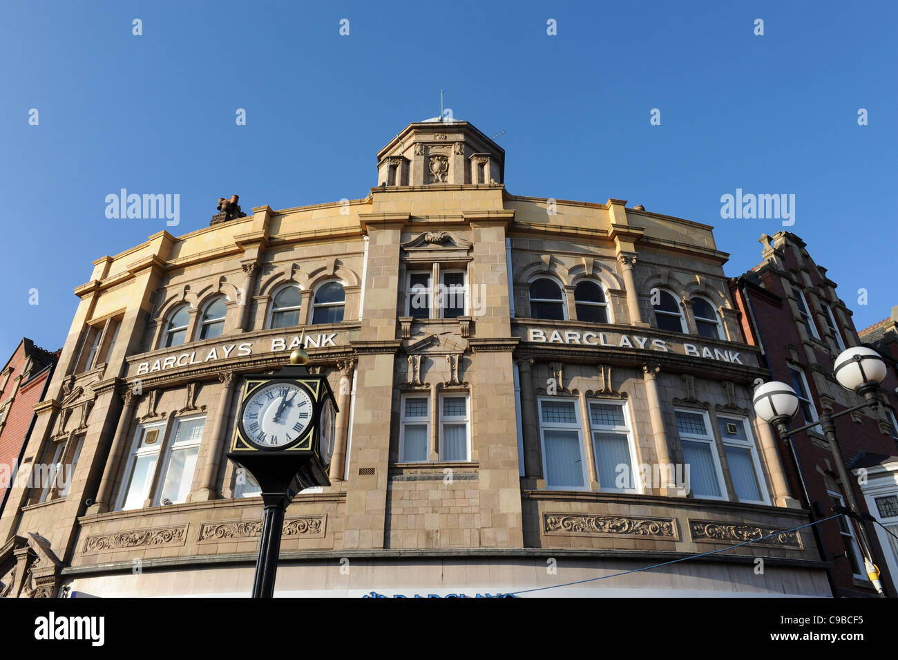 Barclays Bank and town clock in Worksop Nottinghamshire, England. Uk Stock Photo