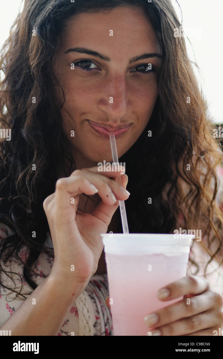 Portrait of a Young Woman with a Soft Drink, New Jersey Stock Photo
