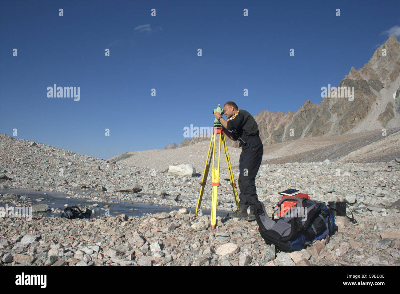 Geodetic survey of Adygine glacial complex, Kyrgyz range, Tien-Shan, Kyrgyzstan Stock Photo
