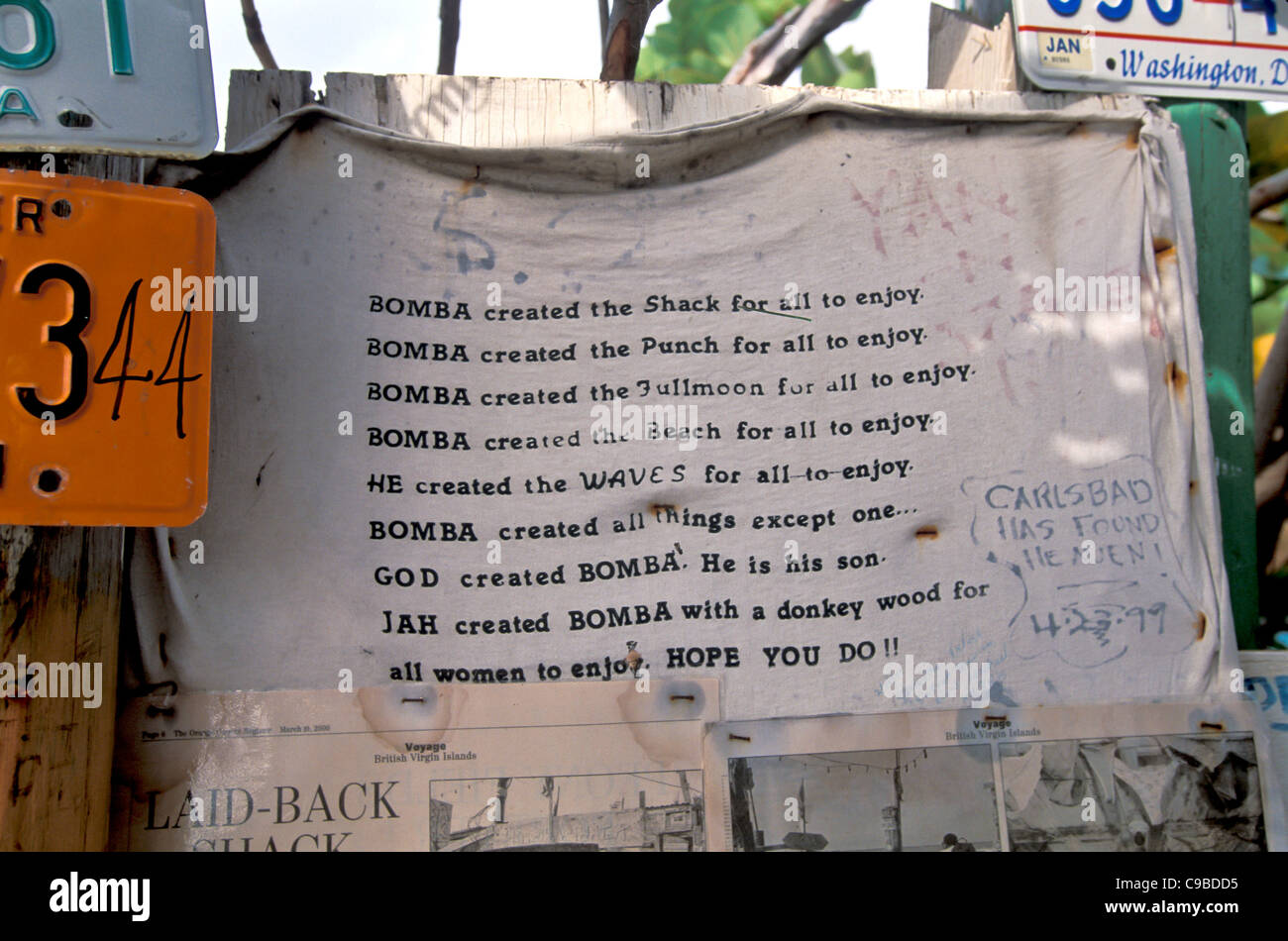 Bomba Shack, Tortola, Bomba manifesto explaining who Bomba is Stock Photo