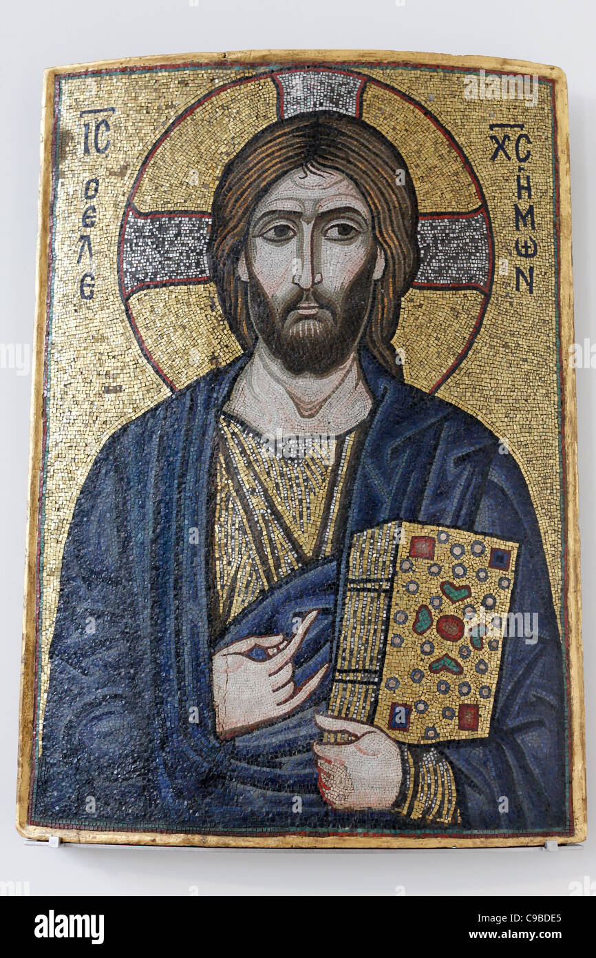 medieval Byzantine mosaic  panel of Christ, Bode Museum, Berlin, Germany Stock Photo