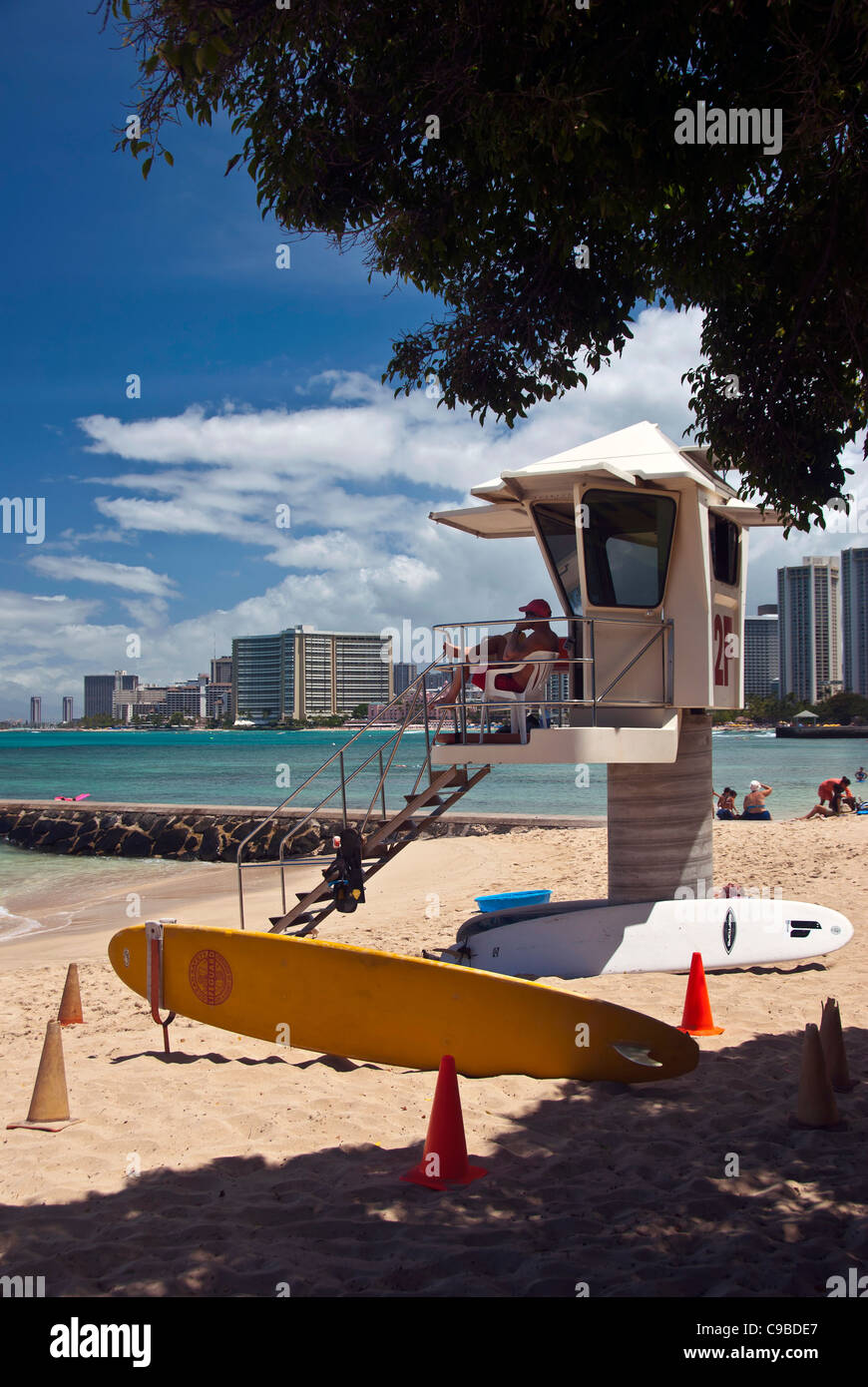 Waikiki Beach, Hawaii, lifeguard stand, rescue surfboard Stock Photo