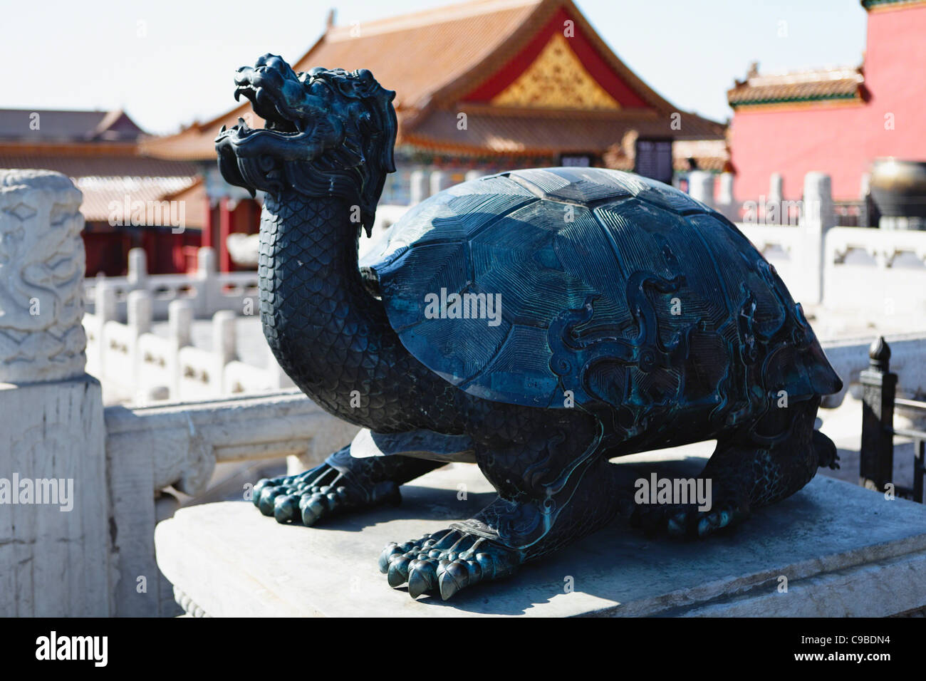 Close Up View of a Bronze Dragon- Tortoise symbol of longevity, Hall of Supreme Harmony, Forbidden City, Beijing, China Stock Photo