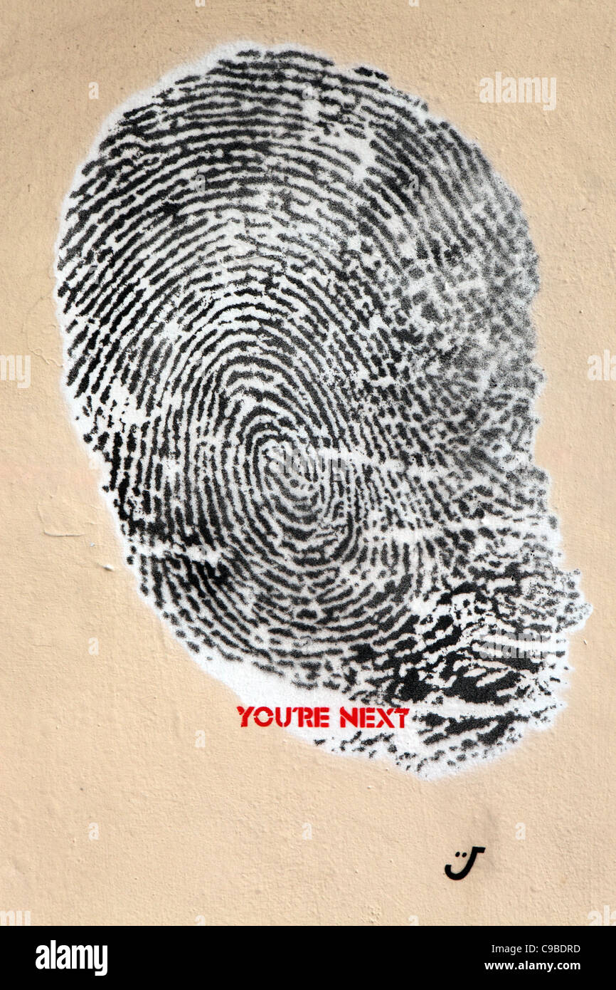Fingerprint image, street art, political statement about police and state powers, Norwich, UK Stock Photo