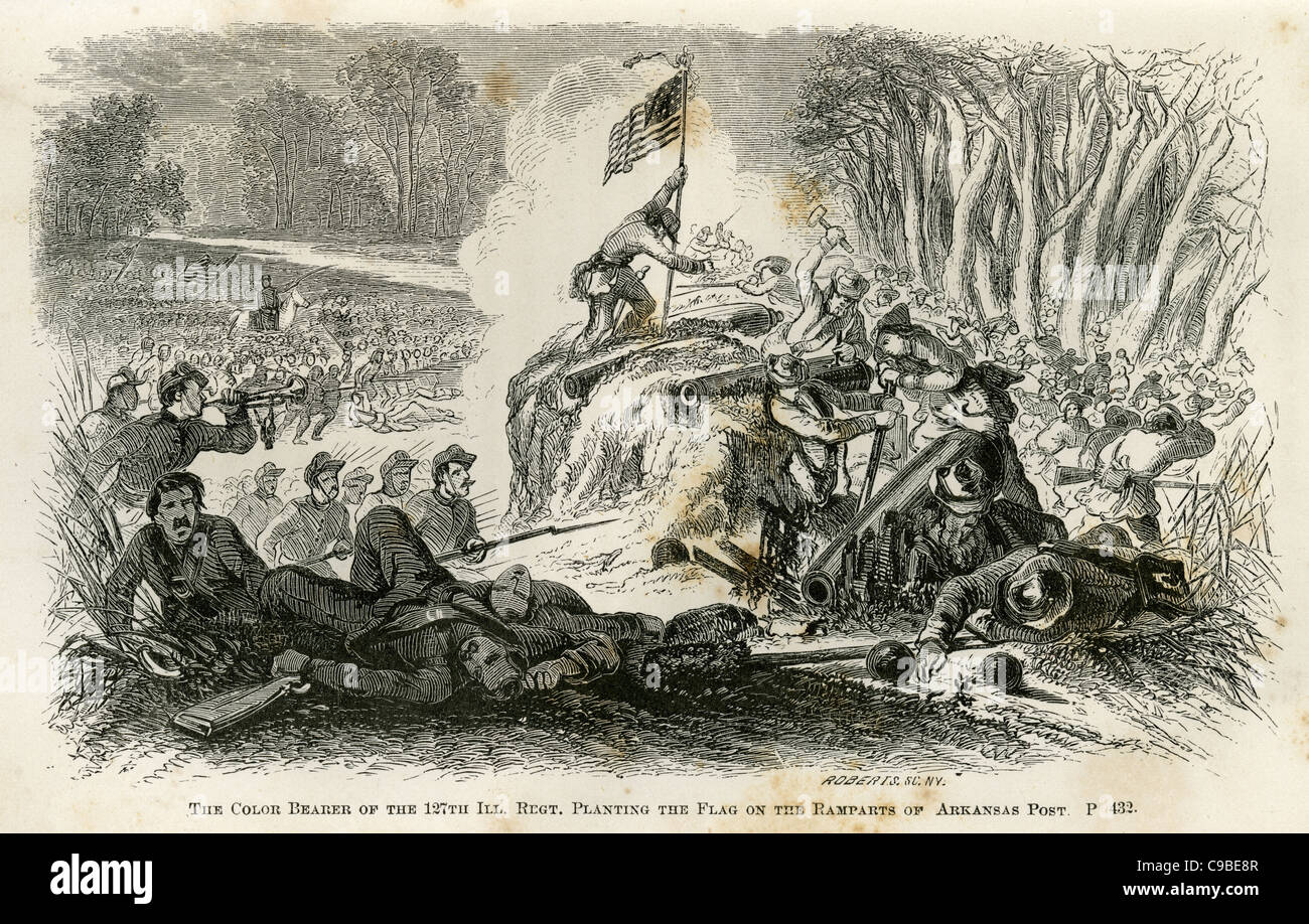 The Color Bearer of the 127th Illinois Regiment Planting the Flag on the Ramparts of the Arkansas Post Stock Photo