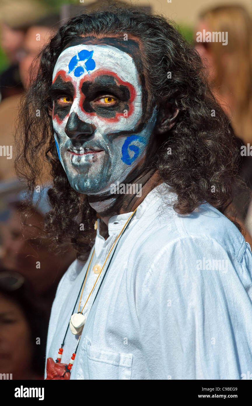 A participant at the "Dia De Los Muertos" or "Day of the Dead" activities at the Santa Barbara Museum of Natural History in Sant Stock Photo