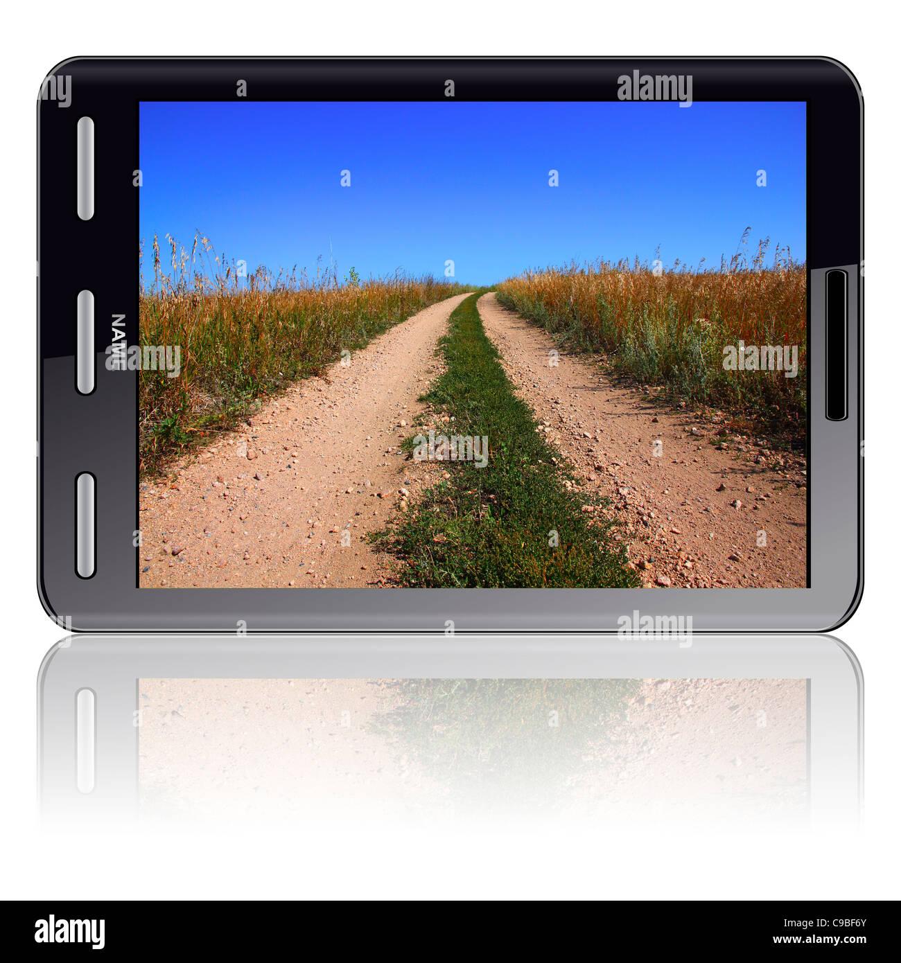 Vertical Tablet computer isolated on the white background. Screen saver road. Stock Photo