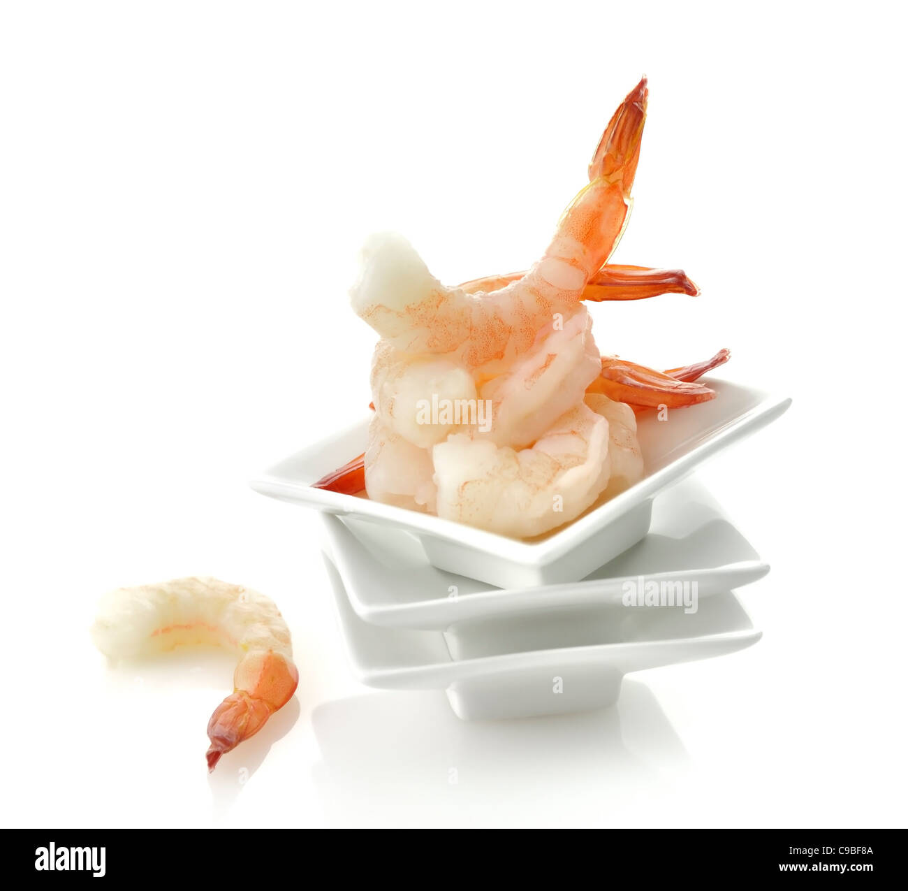 Fresh Shrimps On A White Dish , Close Up Stock Photo