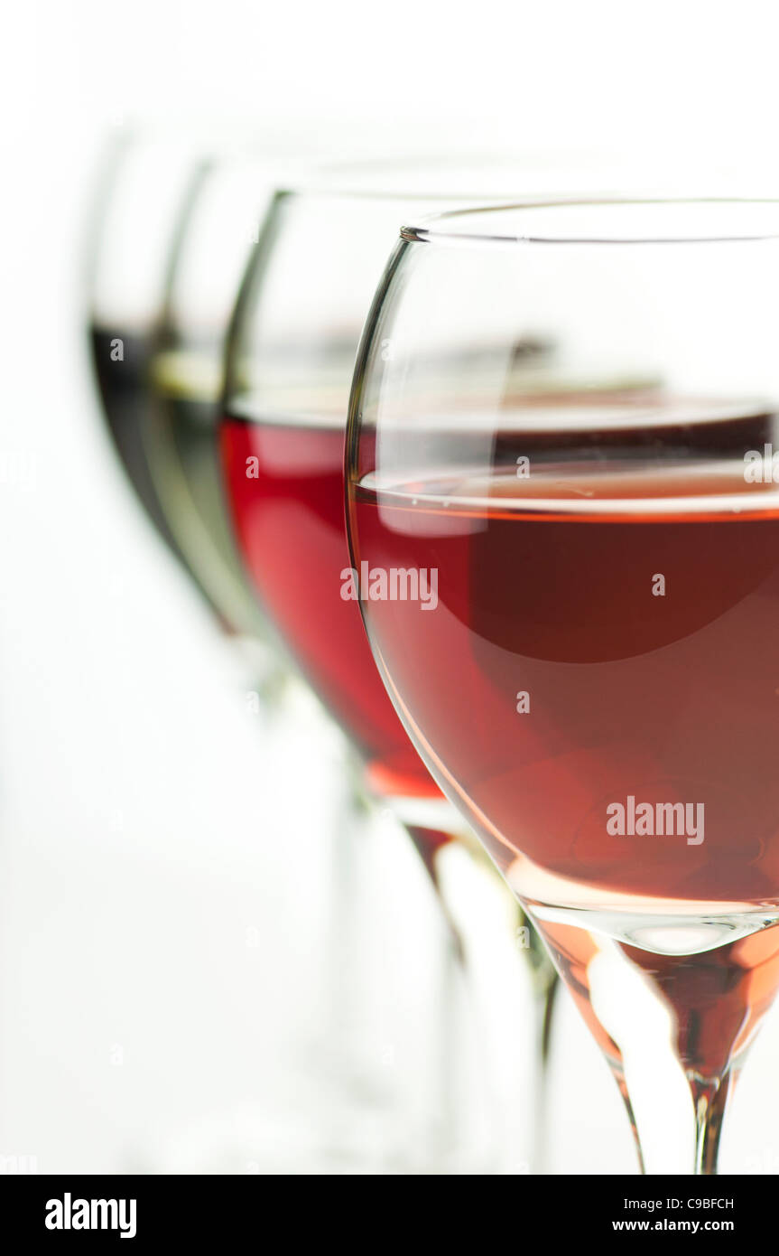 glasses of pink , red and white wine , close up shot Stock Photo