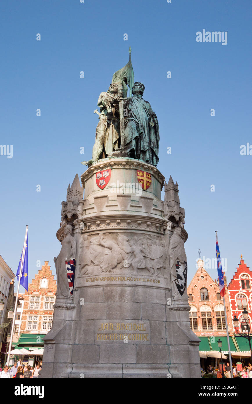 Statue of patriotic heroes Pieter de Coninck and Jan Breidel in the Market square, Bruges, Belgium Stock Photo