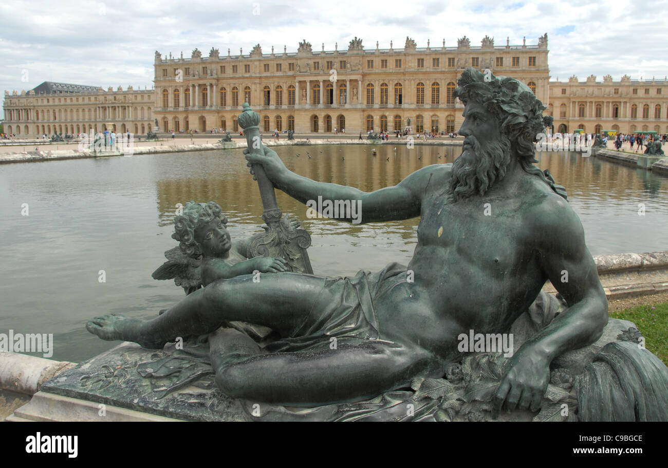 Allegory of the Rhone river at the bassin du midi in the formal gardens of the castle Chateau de Versailles. Stock Photo