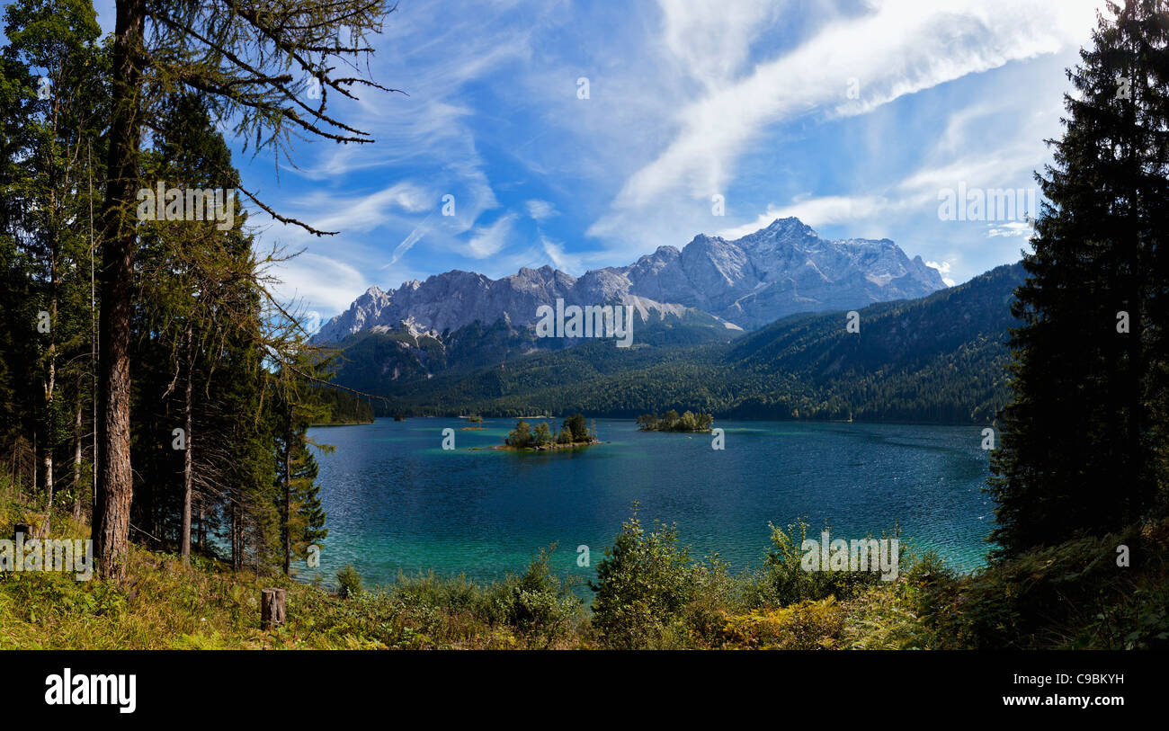 Germany, Bavaria, Bavarian Alps, View of Eibsee lake with Zugspitze and wetterstein mountains Stock Photo