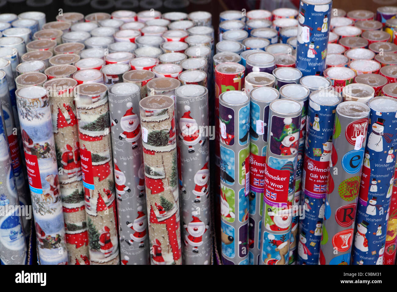rolls of Christmas gift wrapping paper, for sale, pattern/background image Stock Photo