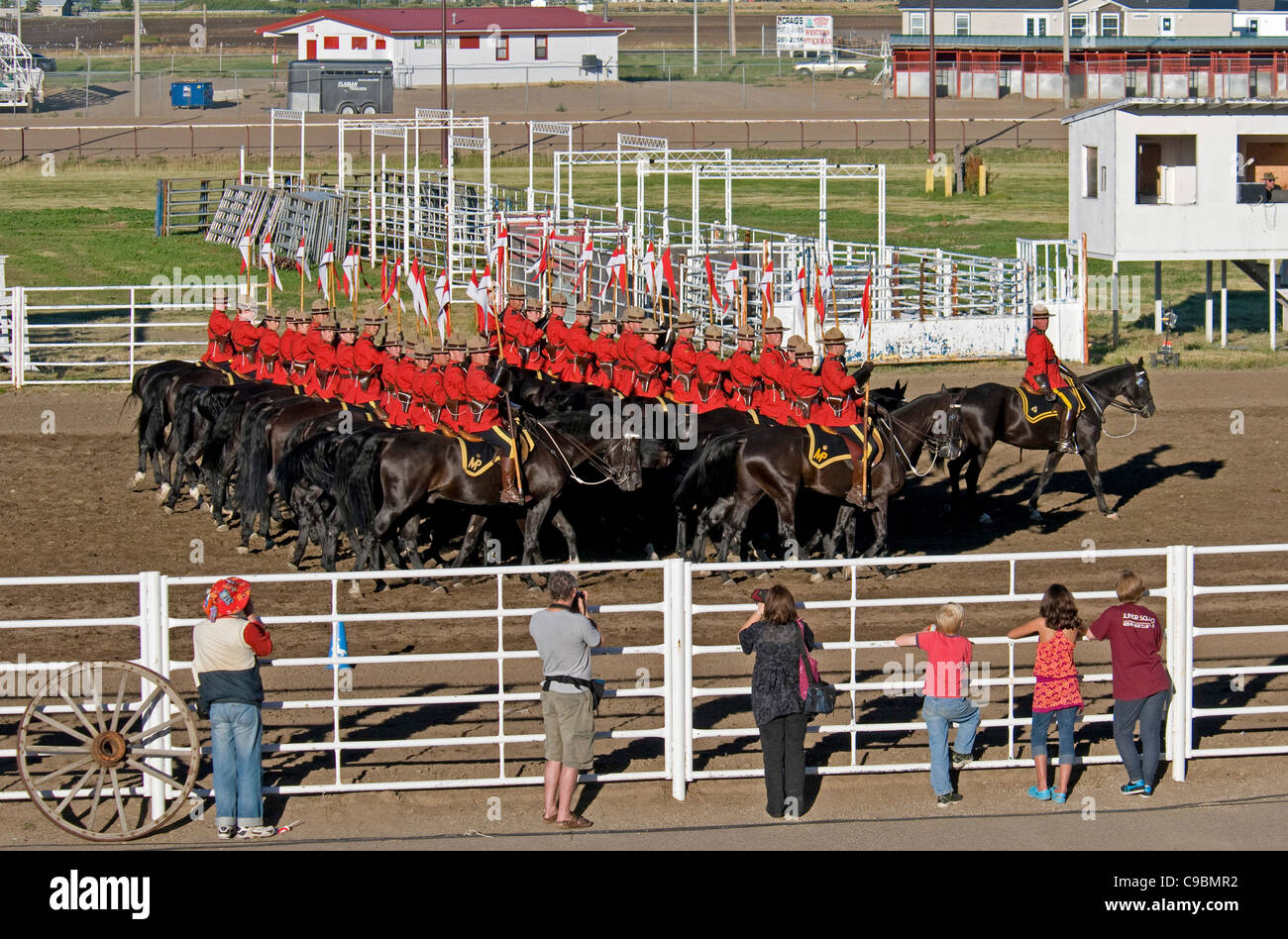 Canada, Alberta, Lethbridge, Royal Canadian Mounted Police Musical Ride, RCMP cavalry in full dress red serge uniform on horses Stock Photo