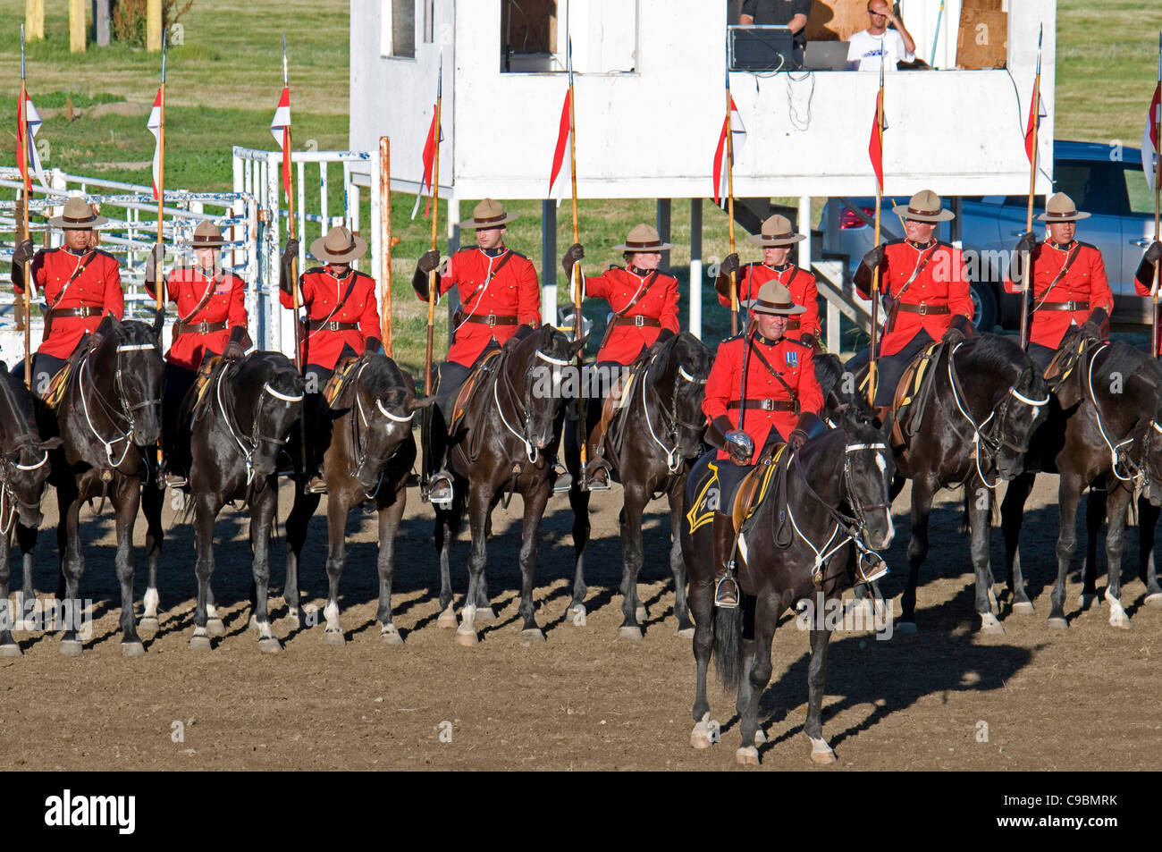 Canada, Alberta, Lethbridge, Royal Canadian Mounted Police Musical Ride, RCMP cavalry in full dress red serge uniform on horses Stock Photo