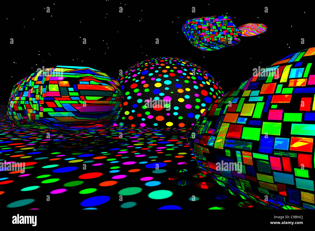 Psychedelic Spaceport On A Polka Dot  Asteroid. The Blocky Spaceships Contrast With The Spotty Surroundings Stock Photo