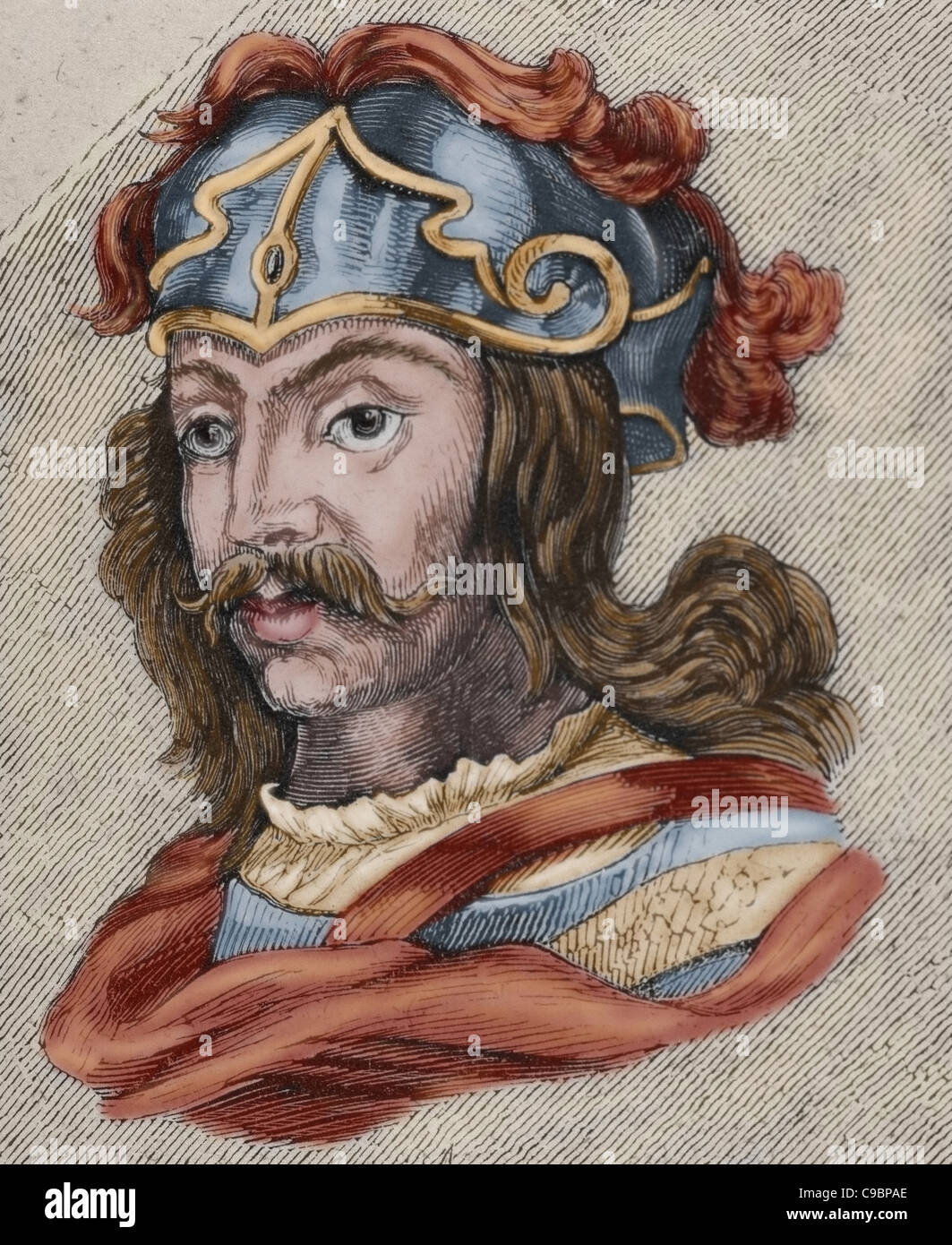 Chintila. Visigothic King of Hispania, Septimania and Galicia from 636-640. Colored engraving. Stock Photo