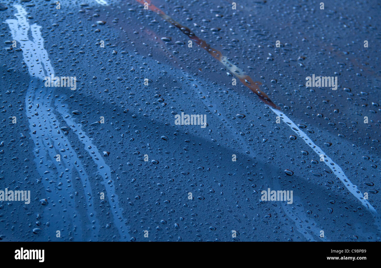 Rain drops on metal car bonnet hood, reflections Stock Photo