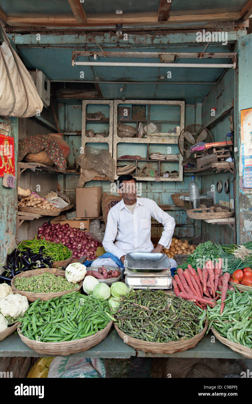 Vegetable shop in Matar village in Gujarat, India. Gujarat is mostly vegetarian state Stock