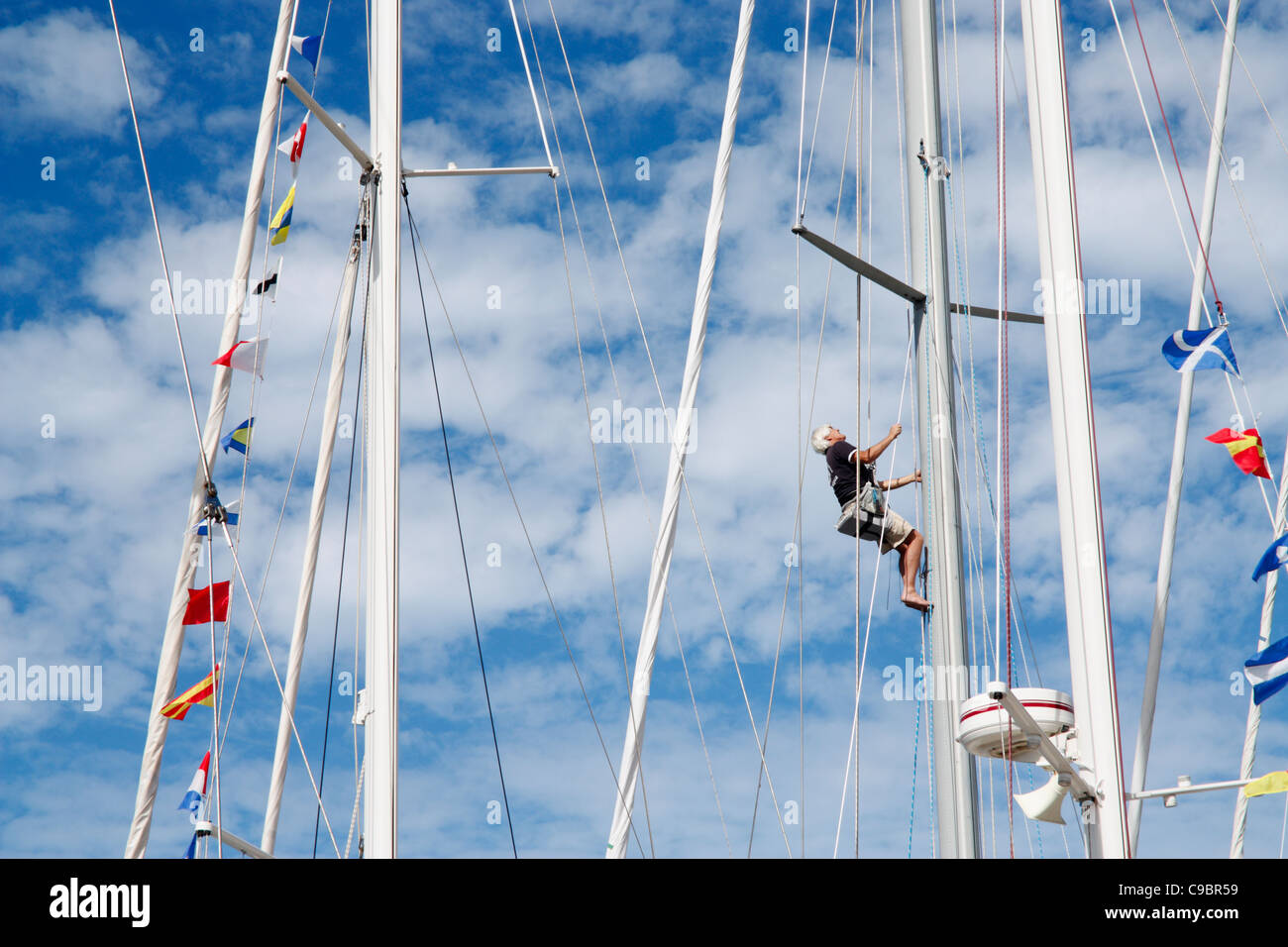 Sailor climbing yacht mast to carry out maintenance Stock Photo Alamy